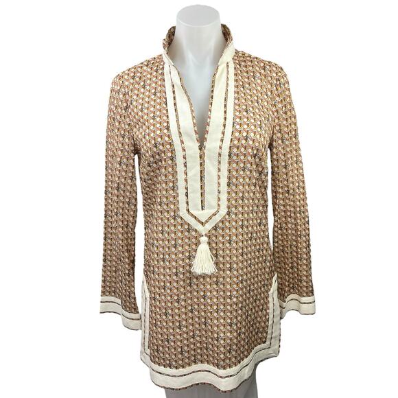 Tory Burch Multi Geometric Basket Weave Print Voile Tassel V-Neck Tunic Top XS - Picture 1 of 6